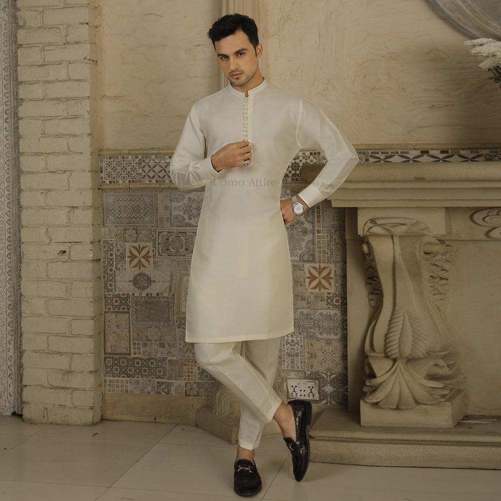 Luxurious Off White Raw Silk Kurta and Pajama for Groom with Loops Button