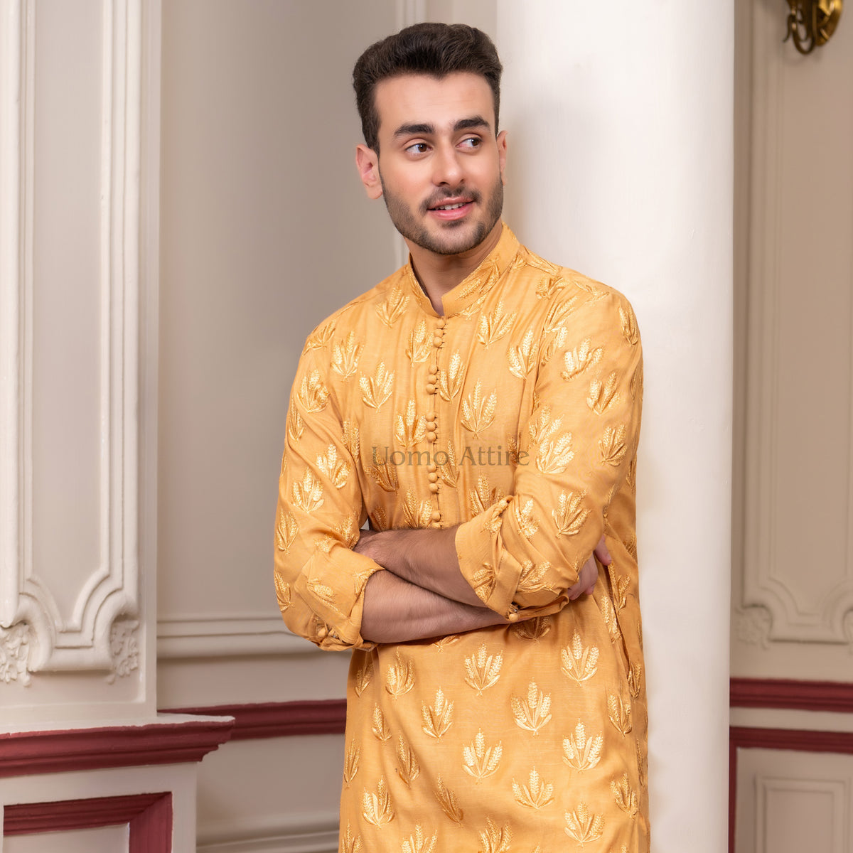Luxurious Flower-Embroidered Kurta Pajama for Groom