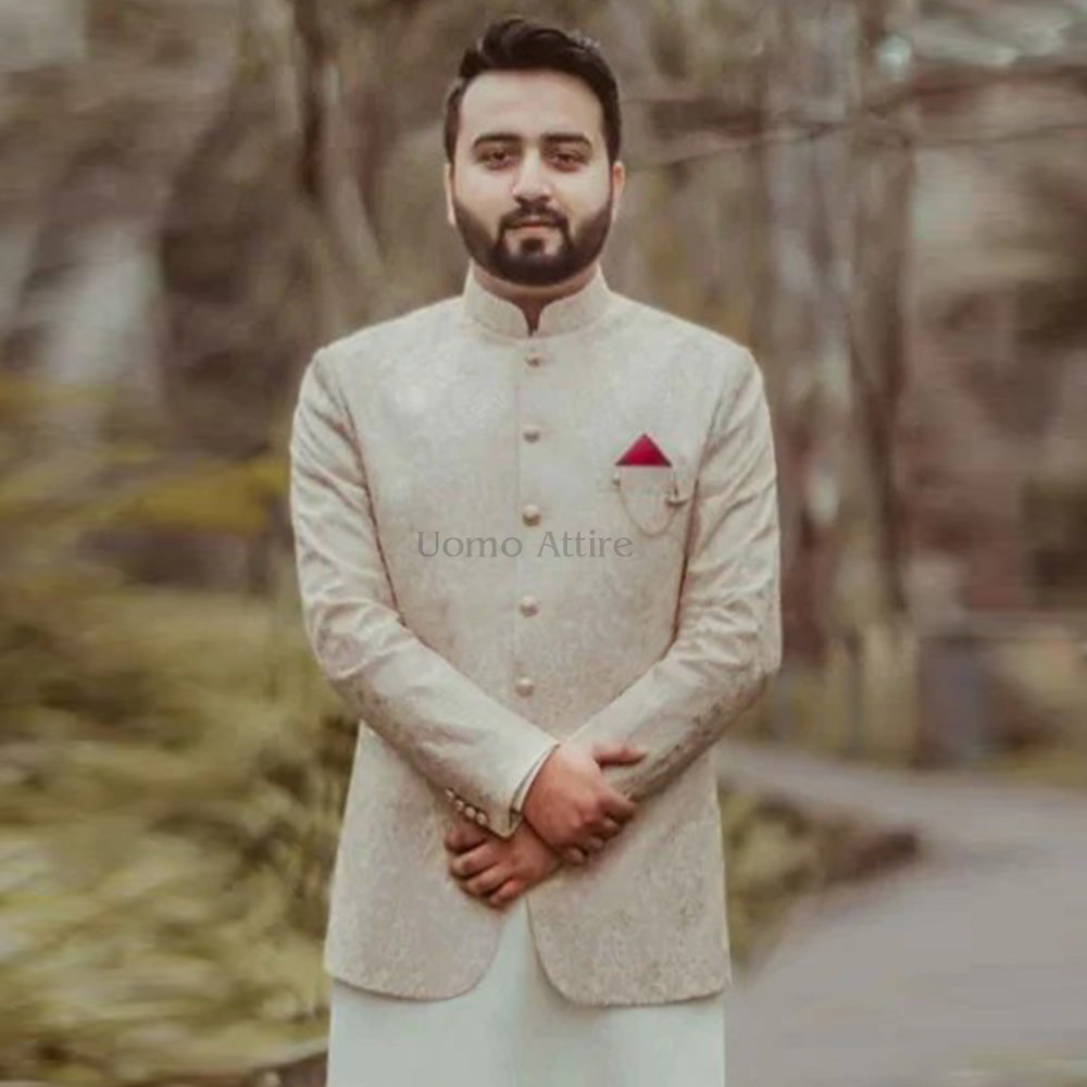 Luxurious Beige Embroidered Prince Coat for Grooms with White Kurta & Pajama