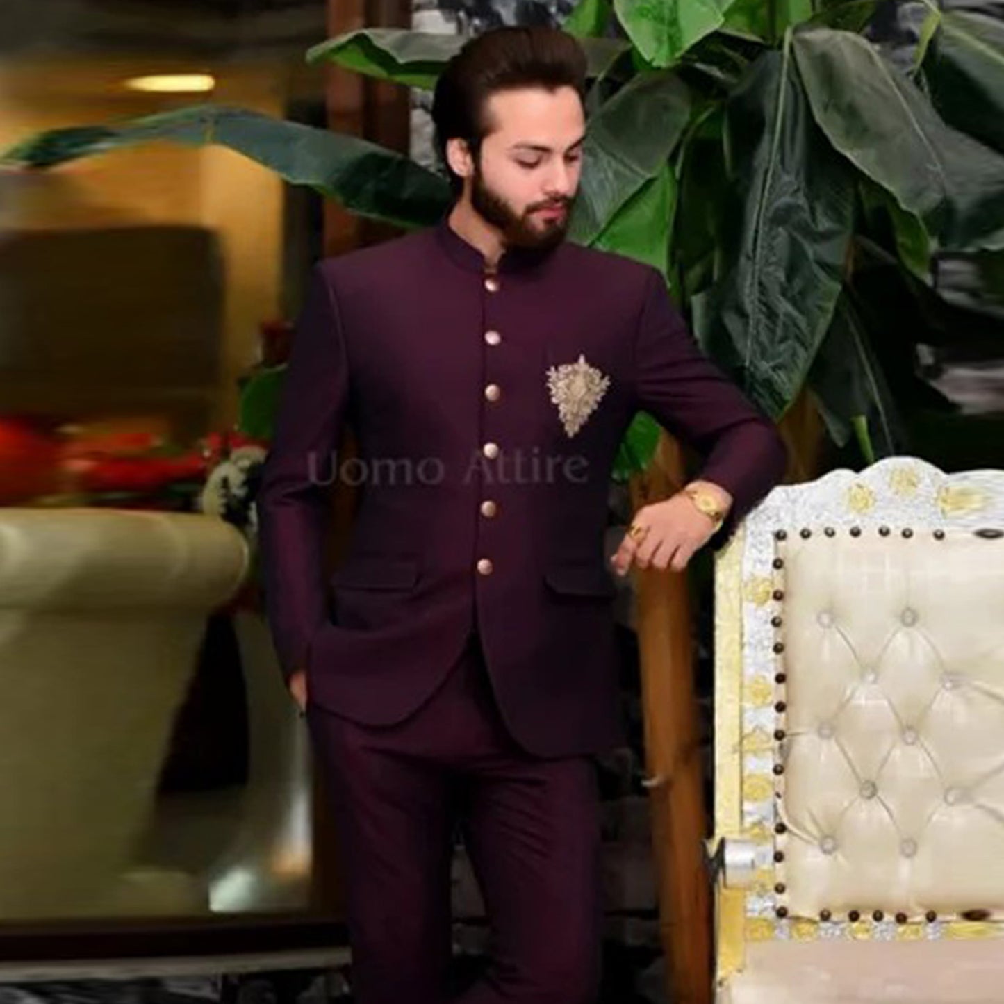 
                  
                    Luxury Deep Maroon Prince Two-Piece Suit for Men with Embellished Patch Pocket
                  
                