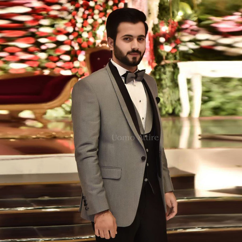 Luxurious Grey Tuxedo with Black Shawl Lapel and Waistcoat for Men