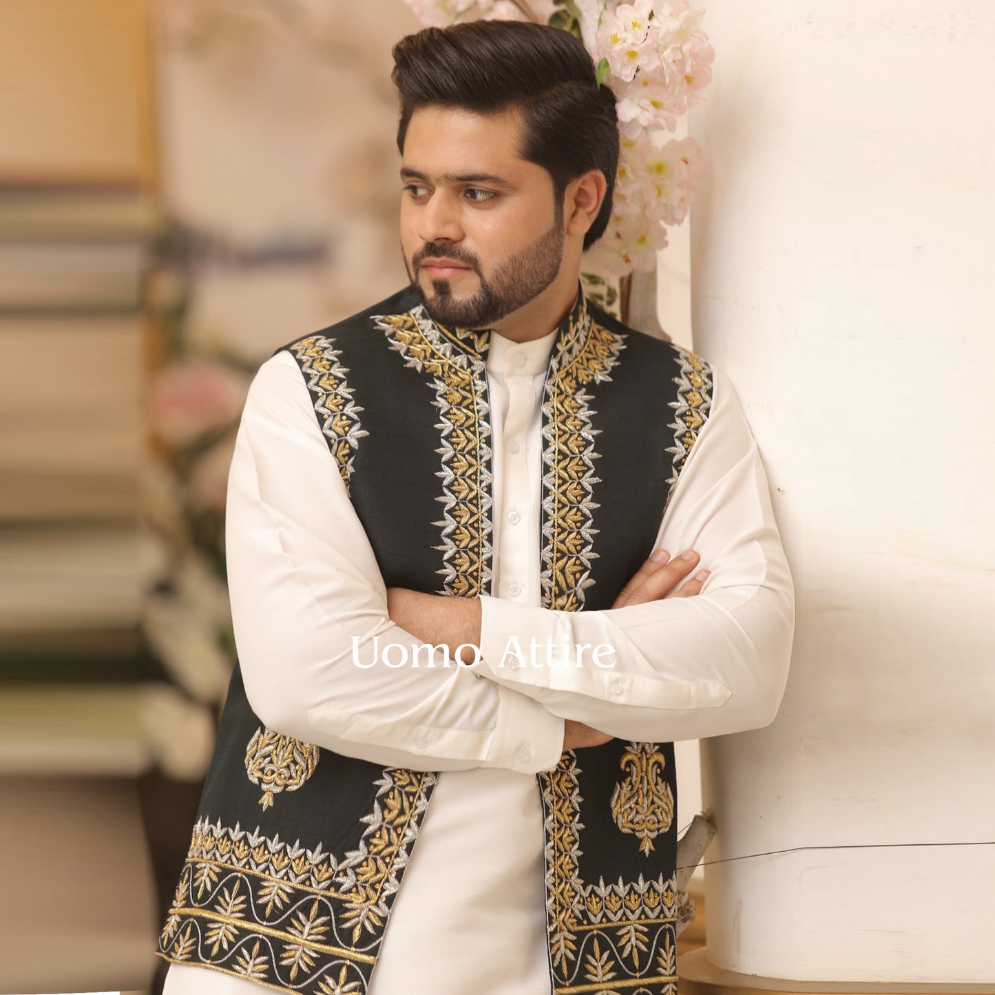 
                  
                    Luxurious Open-Front Waistcoat For Groom with Golden and Silver Embellishments
                  
                