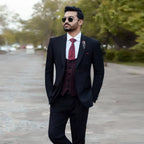 Luxury Black Customized Three-Piece Suit For Men with Contrasting Maroon Checkered Waistcoat