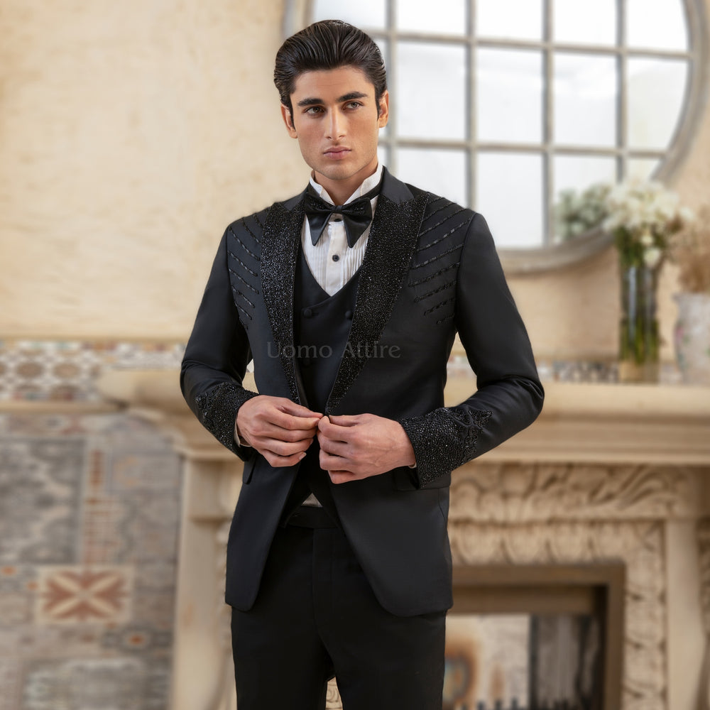 
                  
                    Luxurious Customized Jet Black Tuxedo for Groom with Embellished Shawl, Shoulders, and Cuffs
                  
                