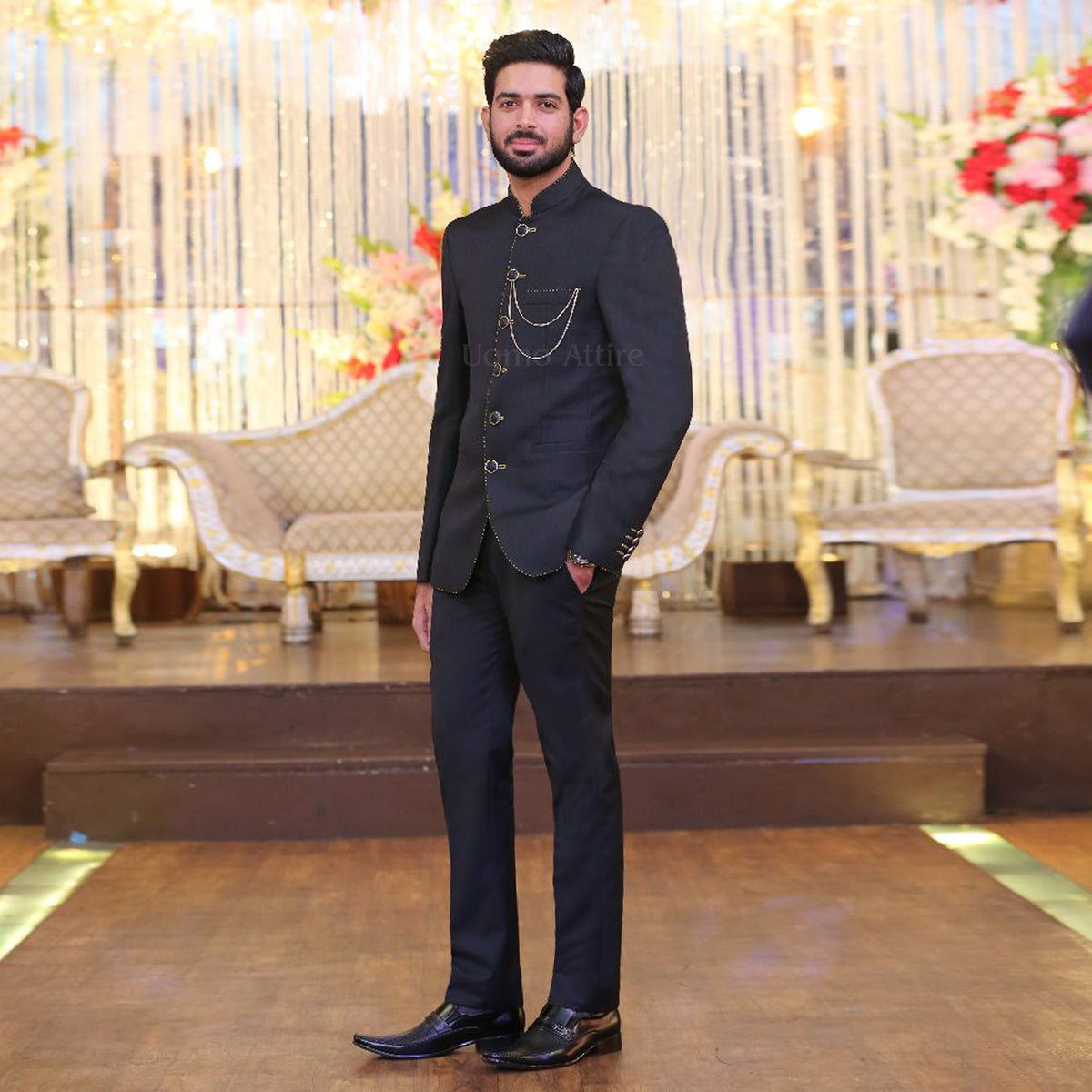 Custom Made Black Prince Two-Piece Suit with Intricate Silver Pickstitching for Men