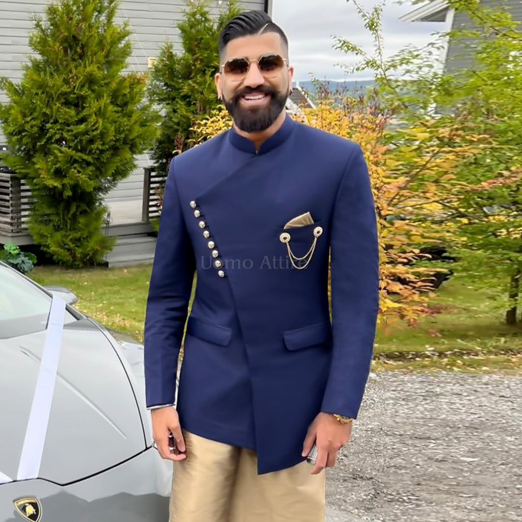 Bespoke Angrakha-Style Navy Blue Prince Coat For Mens With Kurta Pajma