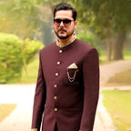 Luxurious Maroon Prince Two-Piece Suit for Men with Golden Embellishments