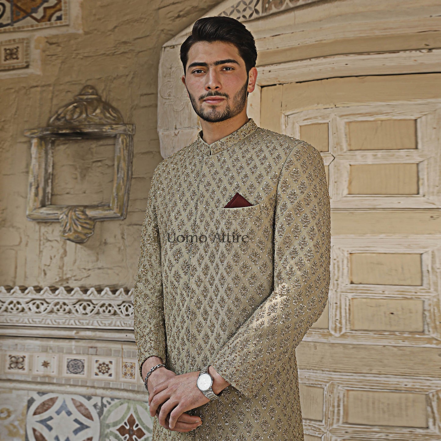 
                  
                    Exquisite Custom Ivory Gold Sherwani  For Groom with Golden Embellishments
                  
                