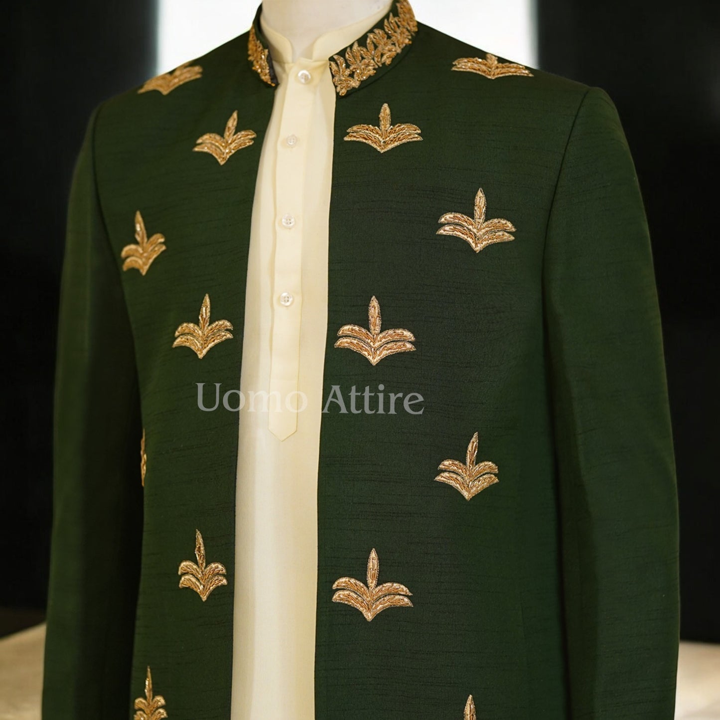 
                  
                    Make a Lasting Impression with Our Bespoke Olive Green Prince Coat Ensemble
                  
                