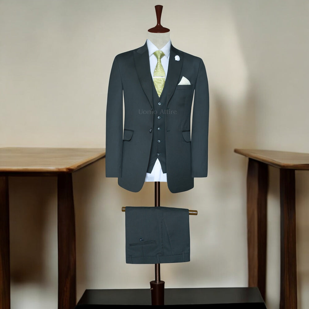 Charcoal Grey Peak Lapel Three-Piece Suit Perfectly Tailored for Grooms