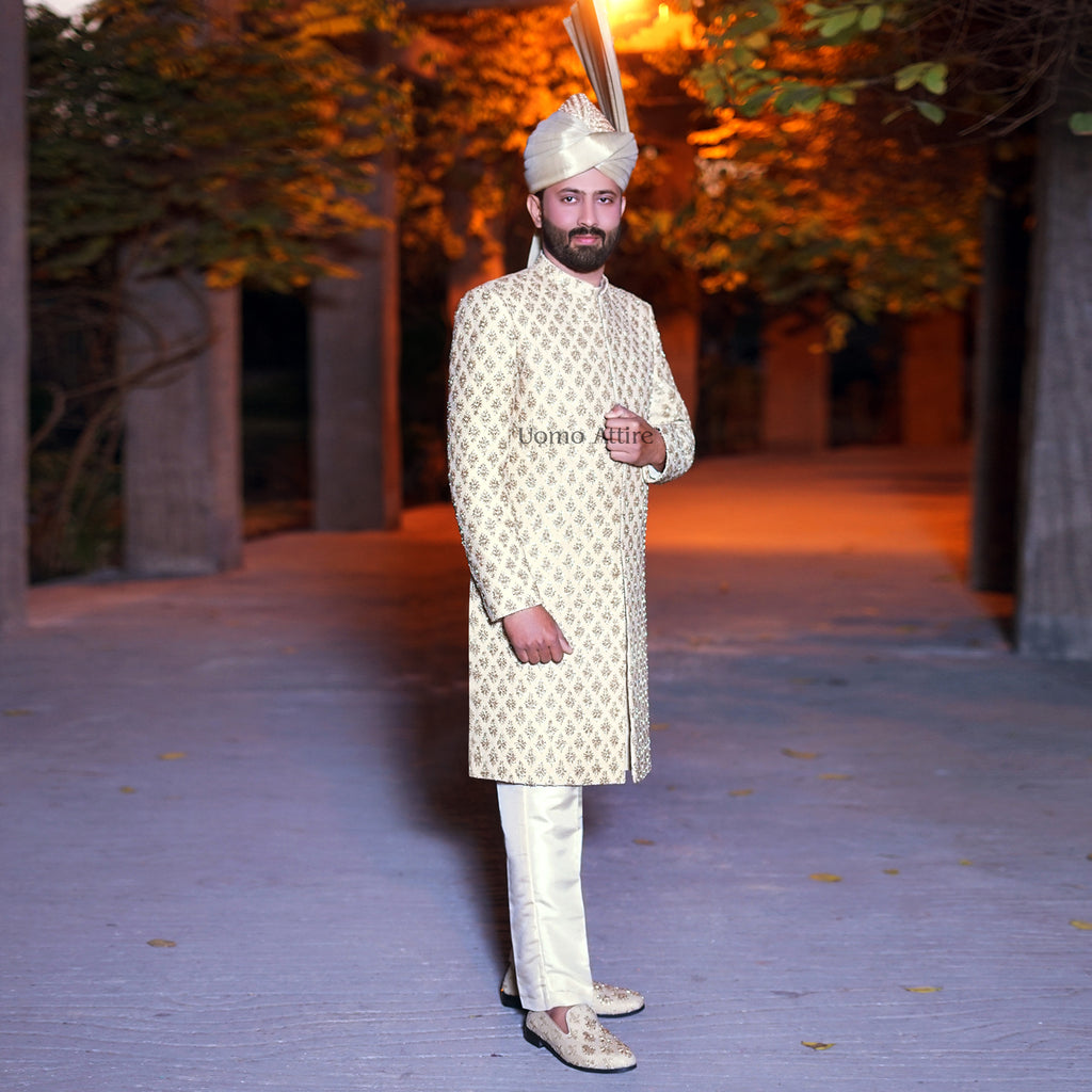 Custom Made Golden Sherwani with Ivory Turban for the Modern Groom