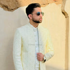 Off-White Sequin Thread Embroidered Sherwani with Sherwani-Style Kurta