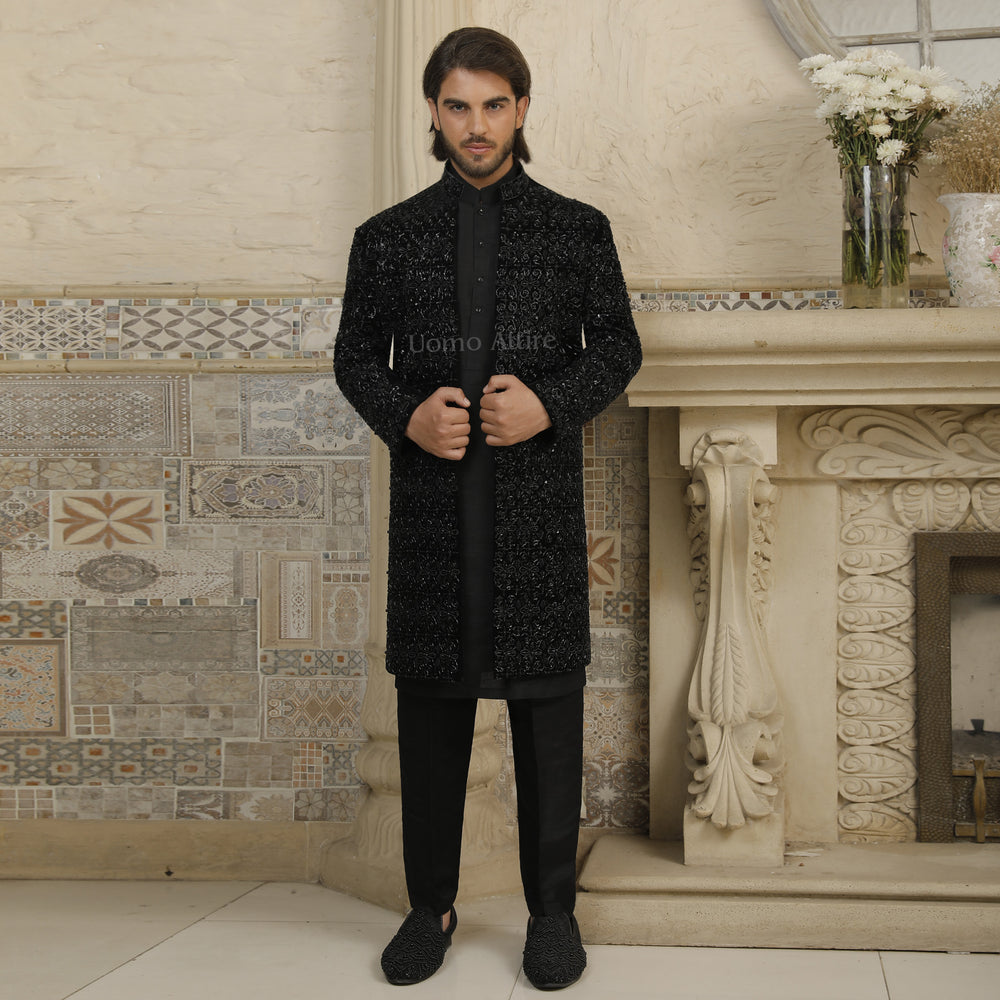 Jet Black Customized Open Front Fully Hand-Embellished Sherwani for Groom