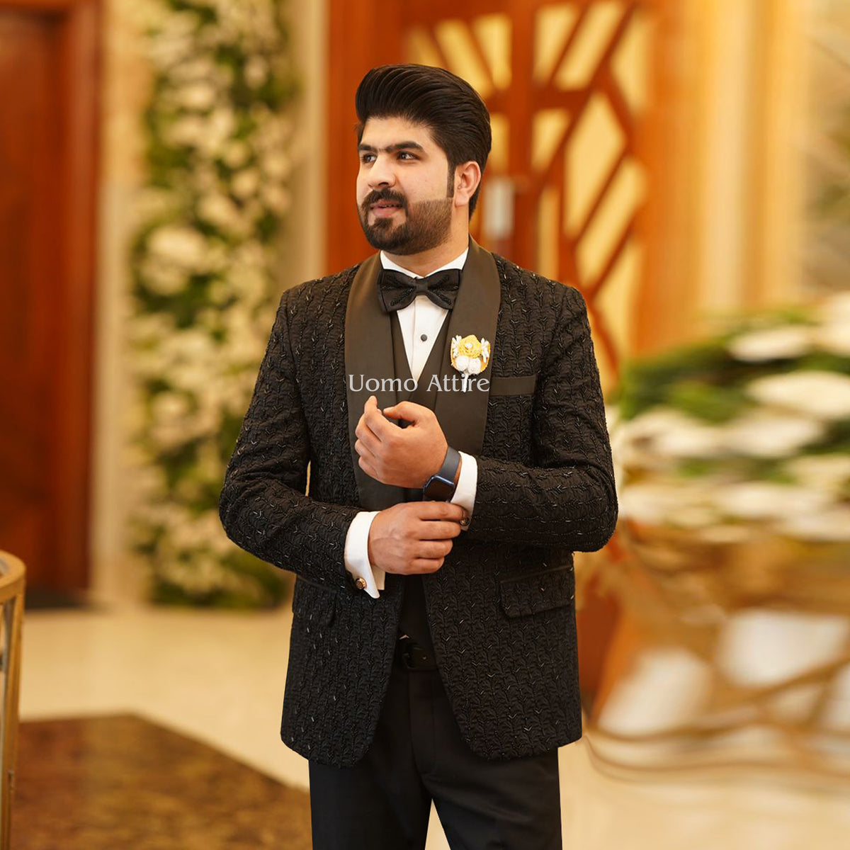 Luxury Black Tuxedo with Hand Embellishments and Double-Breasted Waistcoat