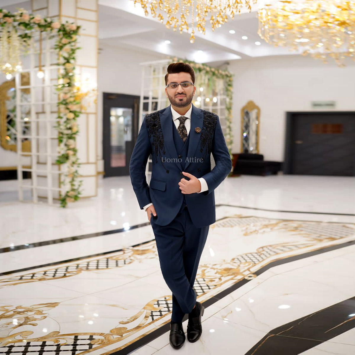Elegant Navy Blue Italian 3-Piece Suit with Shoulder Emblishment