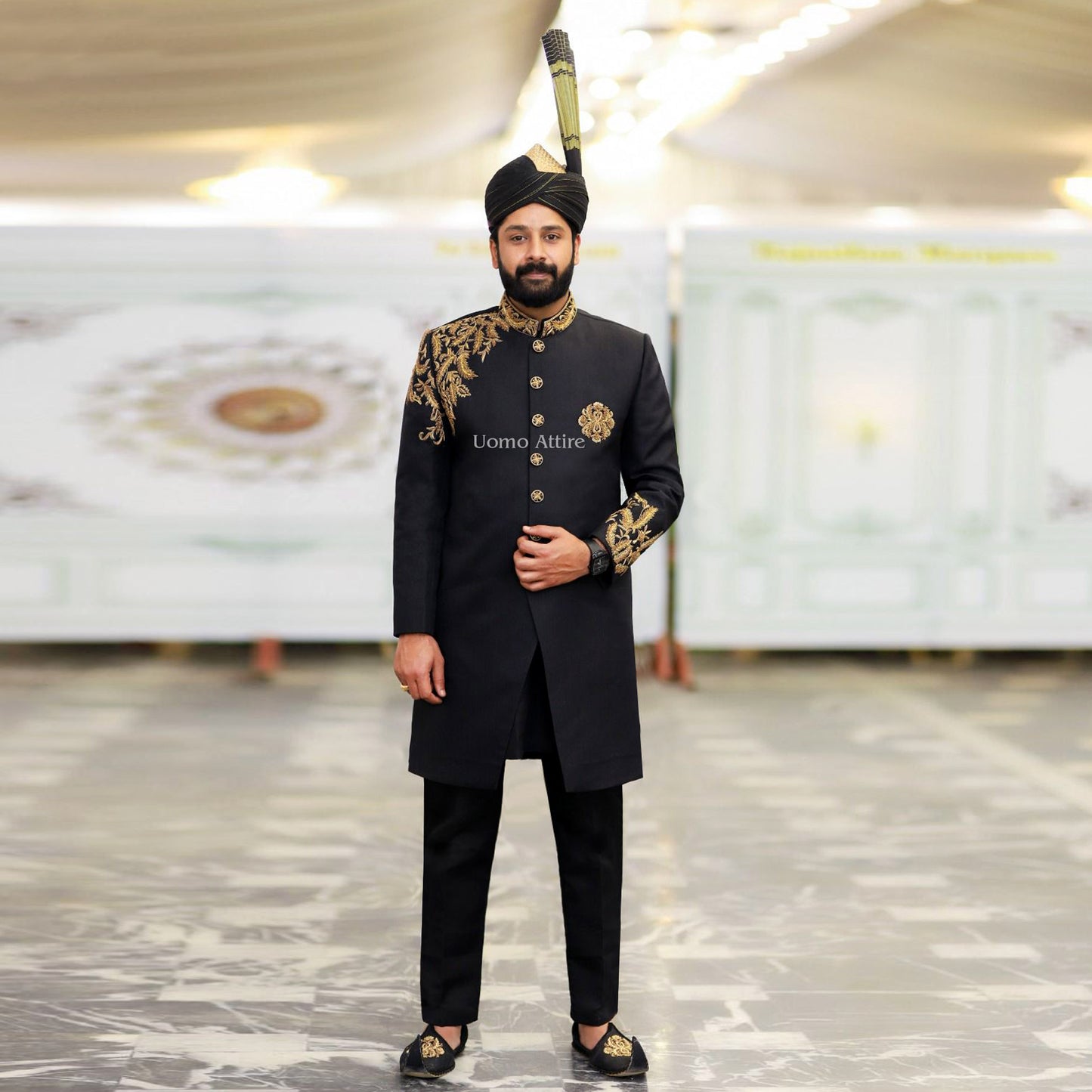 
                  
                    Luxury Black Sherwani for Groom with Golden Floral Embroidery
                  
                