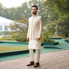 Beige and Ivory Embroidered Open Front Prince Coat