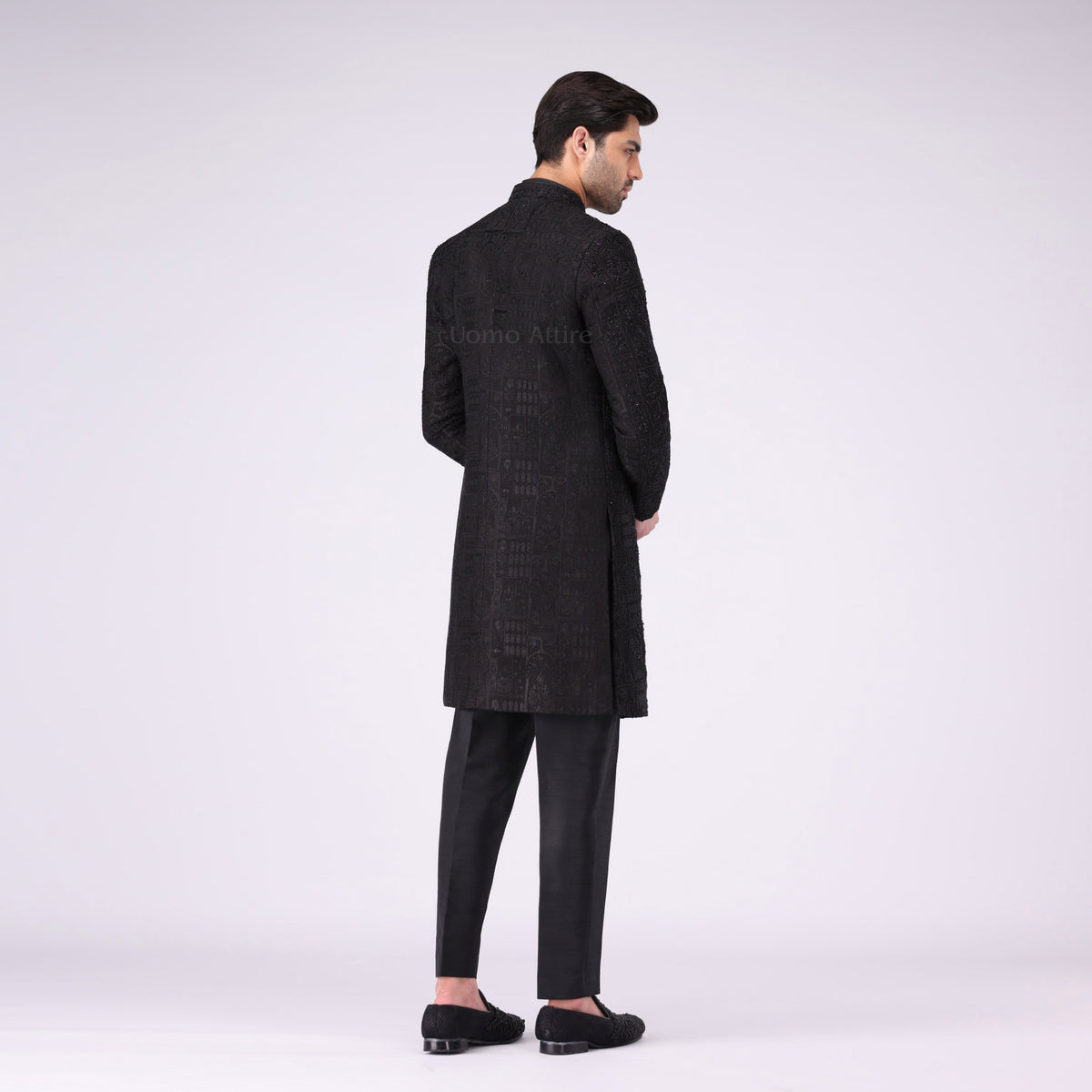 Majestic Open Front Black Sherwani  For Groom With Fully Embilshment