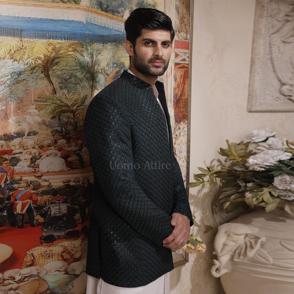 Elegant Deep Green  Open Front Embroidered Prince Coat with White Kurta Pajama Set