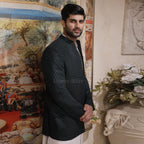 Elegant Deep Green  Open Front Embroidered Prince Coat with White Kurta Pajama Set