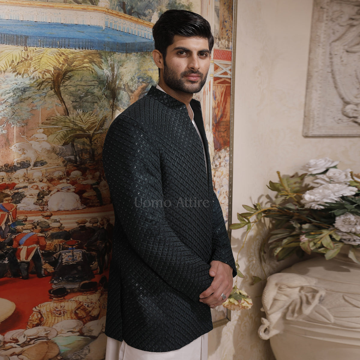 Elegant Deep Green  Open Front Embroidered Prince Coat with White Kurta Pajama Set