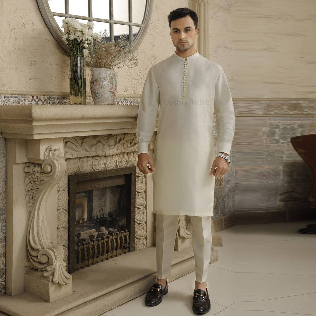 Luxurious Off White Raw Silk Kurta and Pajama for Groom with Loops Button
