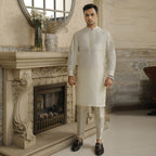 Luxurious Off White Raw Silk Kurta and Pajama for Groom with Loops Button