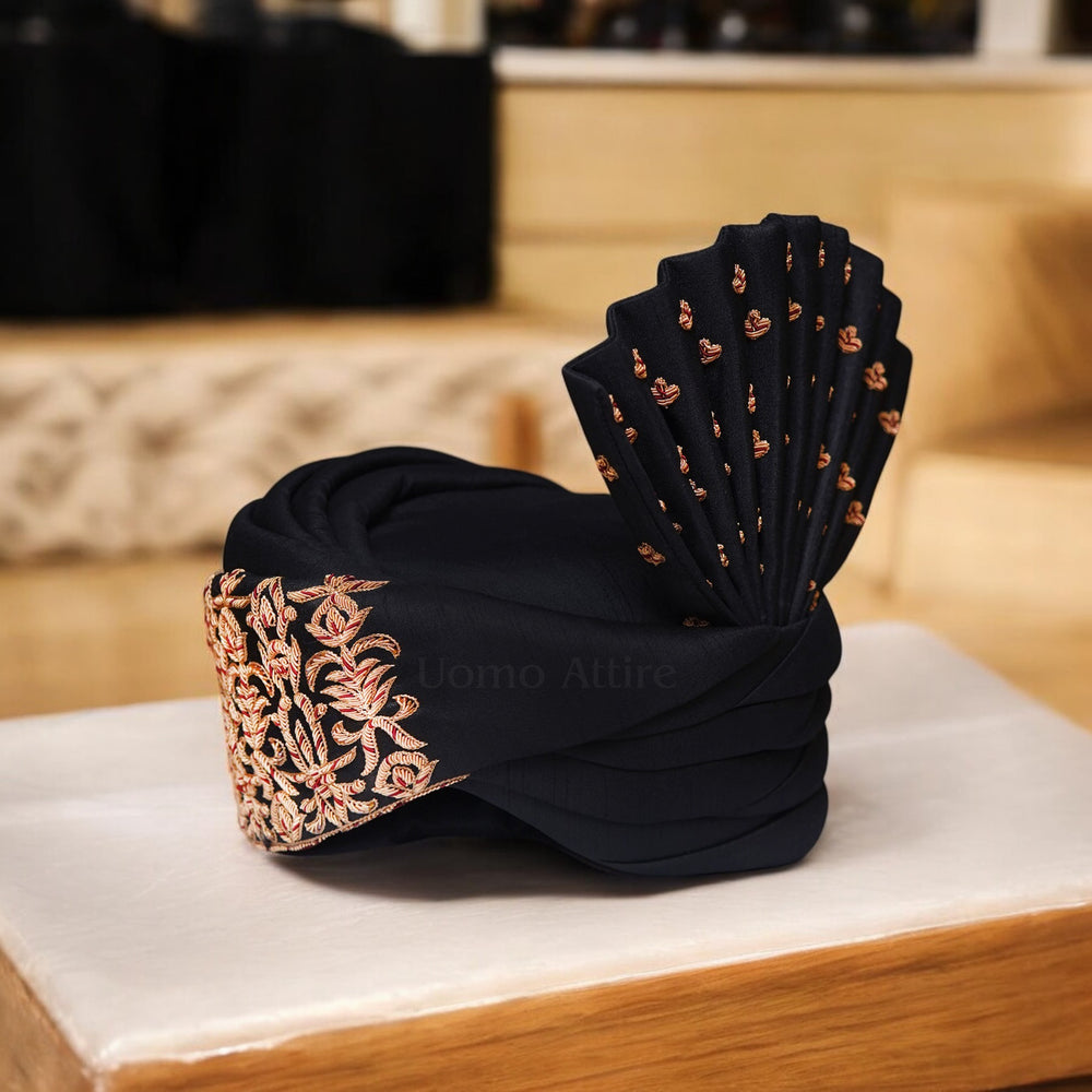 Luxurious Jet Black Turban for Groom with Rose Gold Embellishments