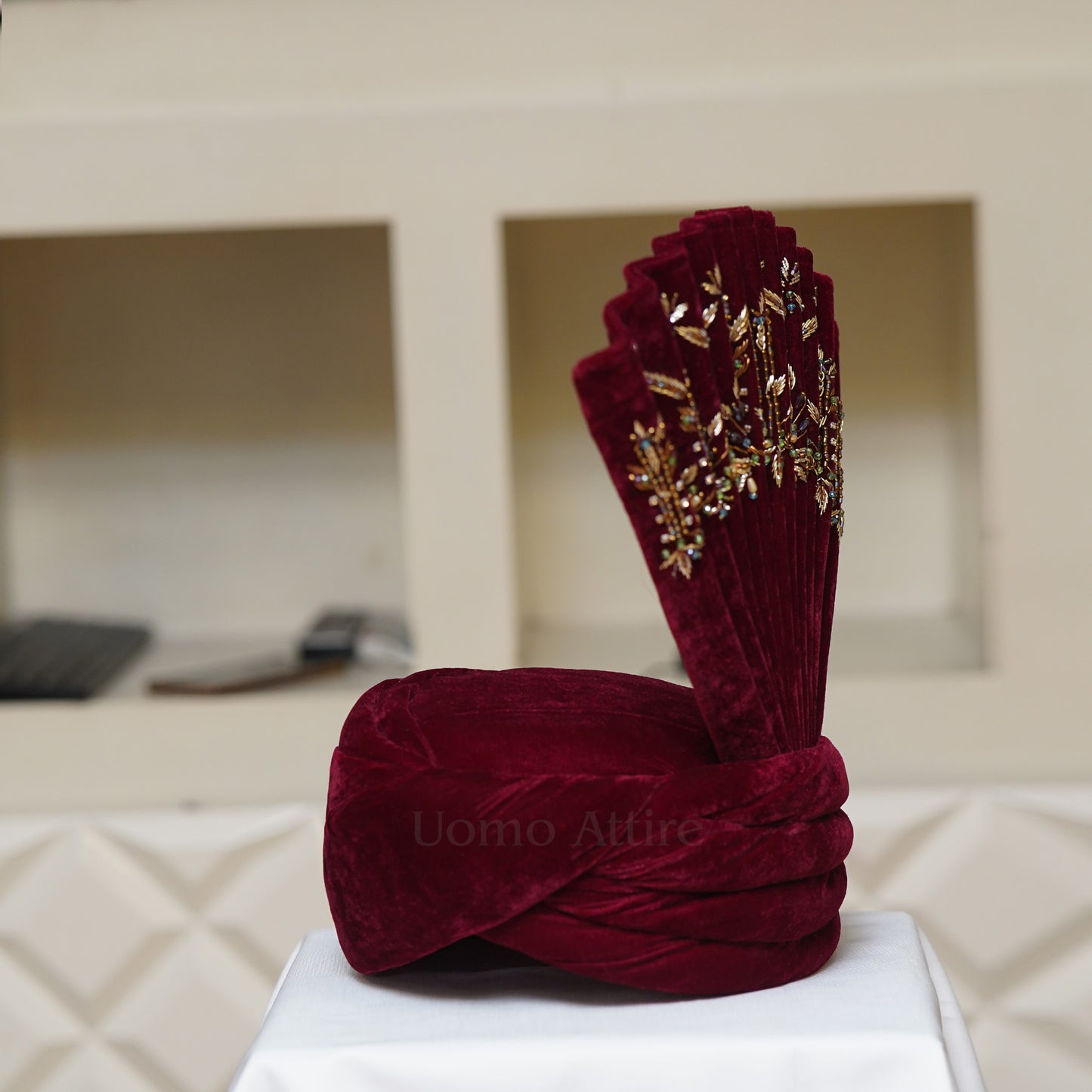 
                  
                    Custom Made Velvet Maroon Turban for Groom with Golden Hand Embellishment
                  
                