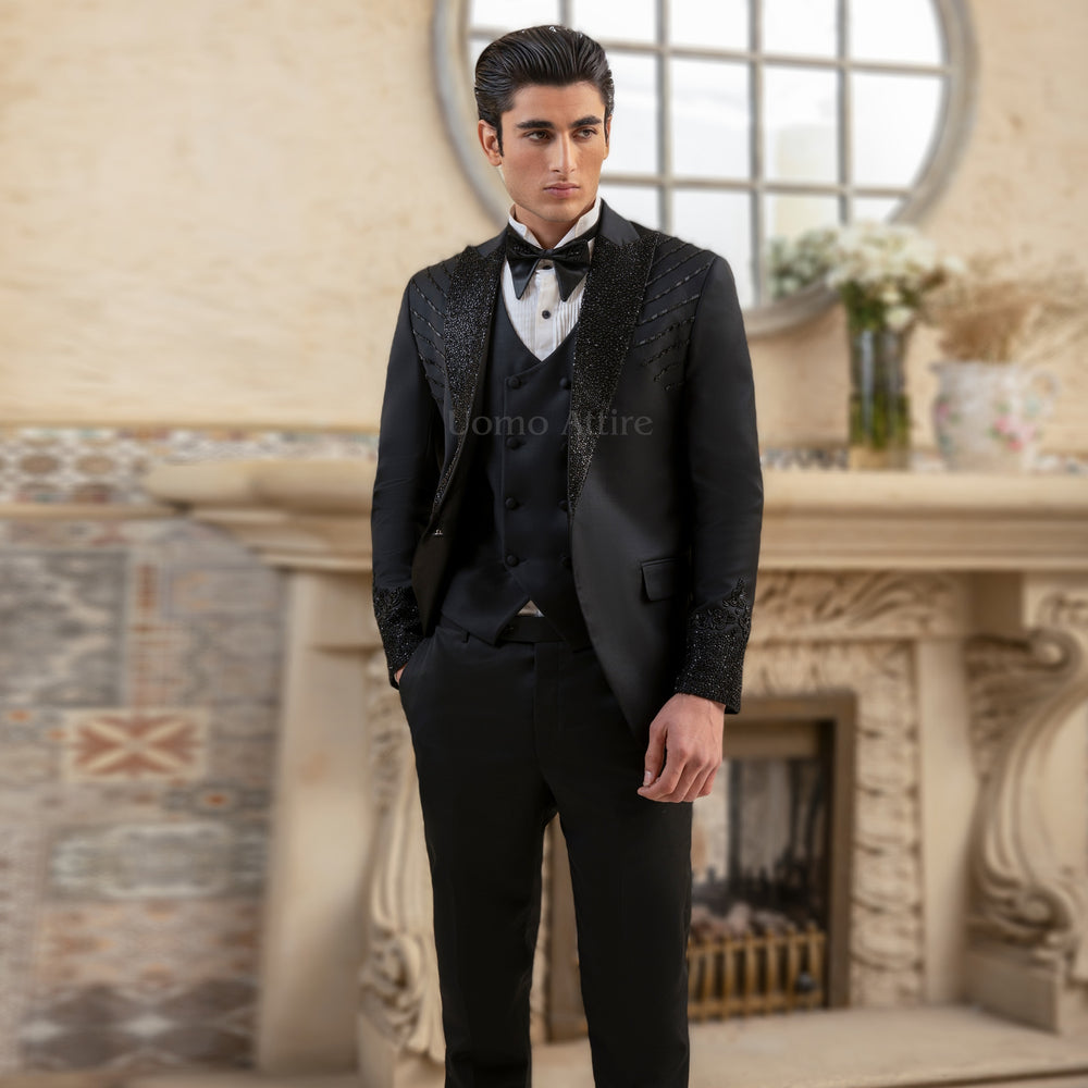 Luxurious Customized Jet Black Tuxedo for Groom with Embellished