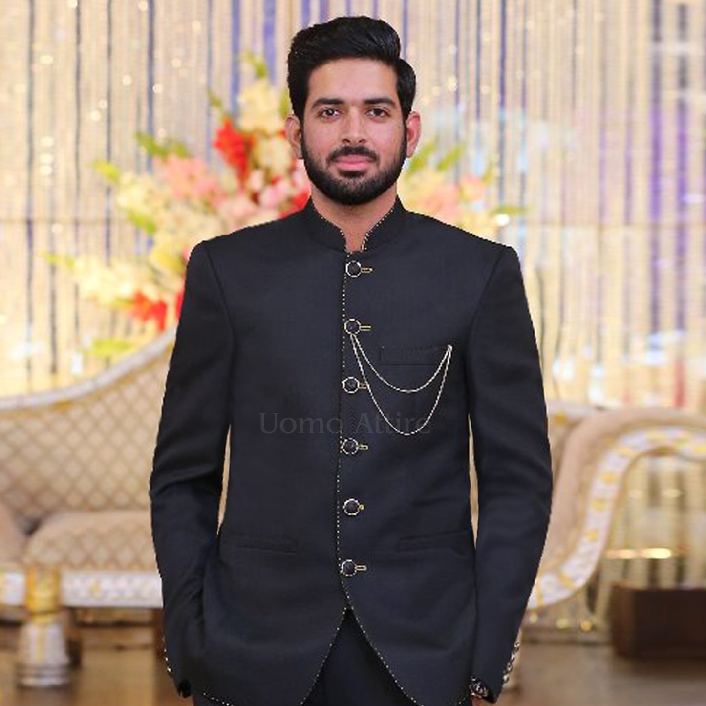 
                  
                    Custom Made Black Prince Two-Piece Suit with Intricate Silver Pickstitching for Men
                  
                