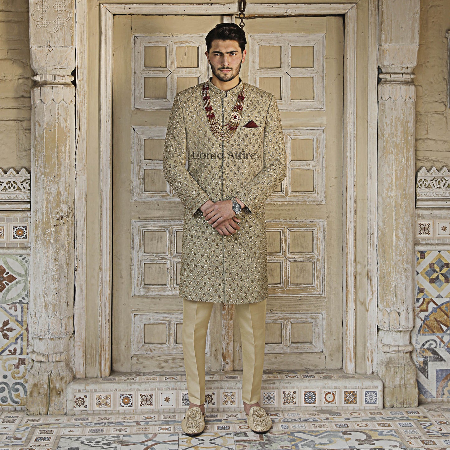 
                  
                    Exquisite Custom Ivory Gold Sherwani  For Groom with Golden Embellishments
                  
                