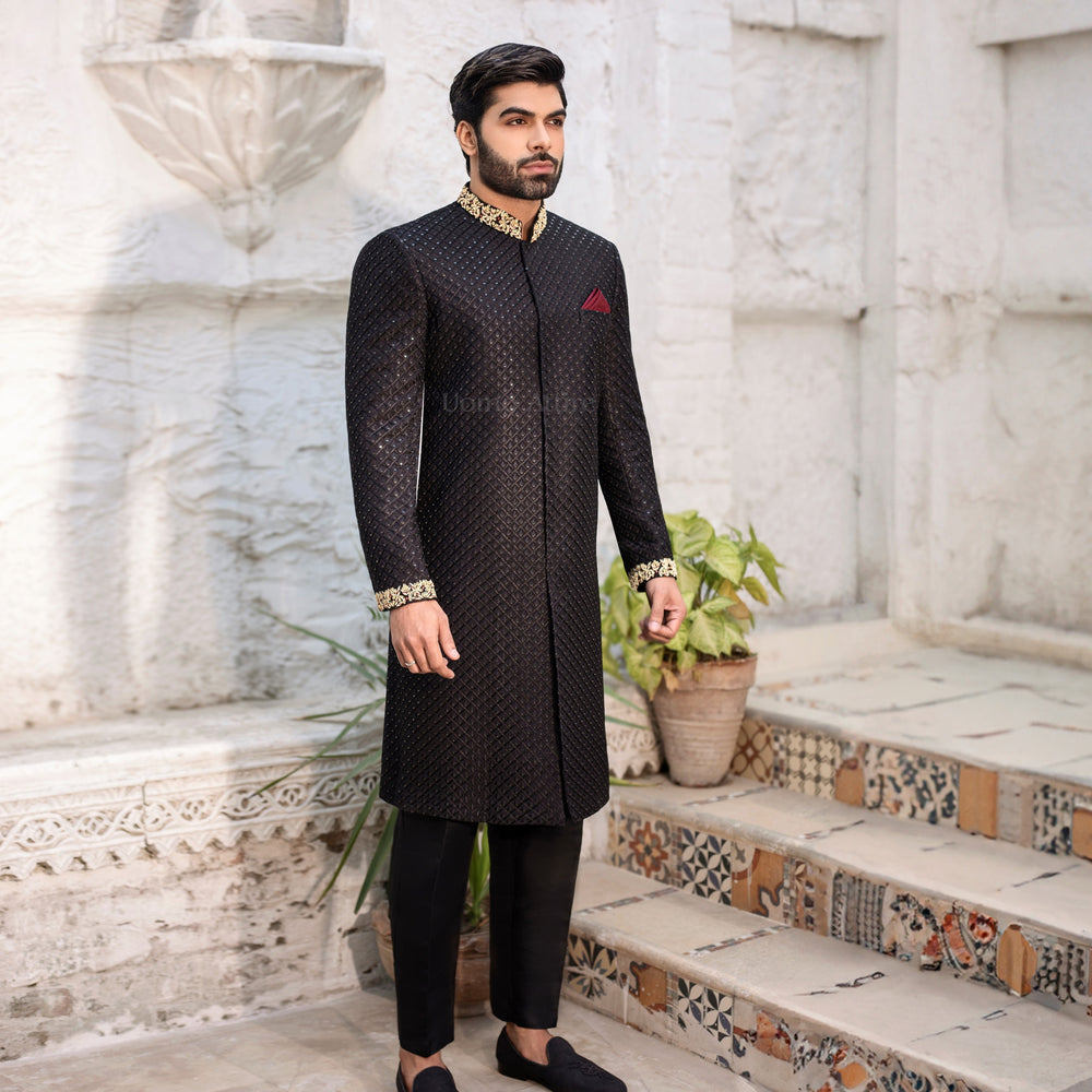 
                  
                    Regal Jet Black Sherwani for Groom A Perfect Blend of Elegance and Royalty
                  
                