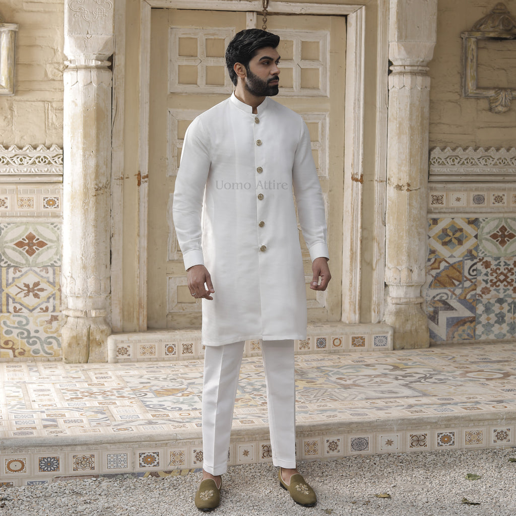 Elegant White Sherwani-Style Kurta Pajama for the Modern Groom