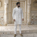 Elegant White Sherwani-Style Kurta Pajama for the Modern Groom