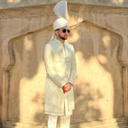 Off-White Sequin Thread Embroidered Sherwani with Sherwani-Style Kurta