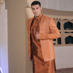 Luxury Rusty Orange Embroidered Prince Coat for Grooms with Kurta and Pajama