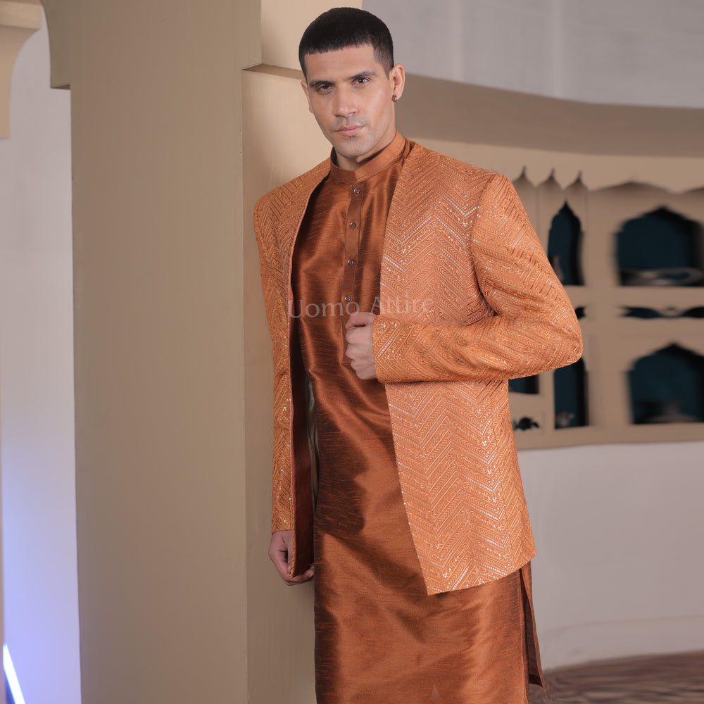 
                  
                    Luxury Rusty Orange Embroidered Prince Coat for Grooms with Kurta and Pajama
                  
                