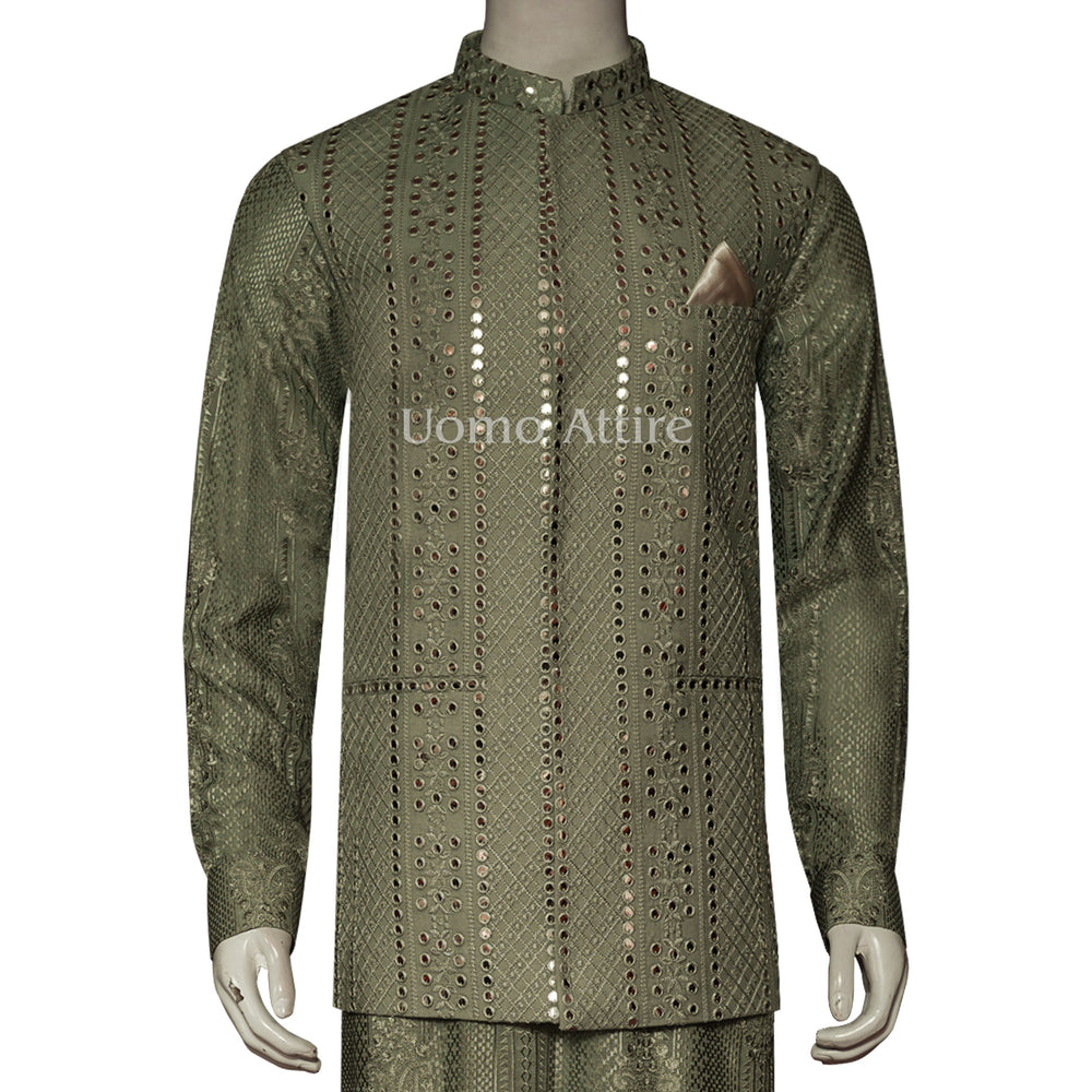 Elegant Olive Green Embroidered Waistcoat with Matching Kurta and Pajama Set