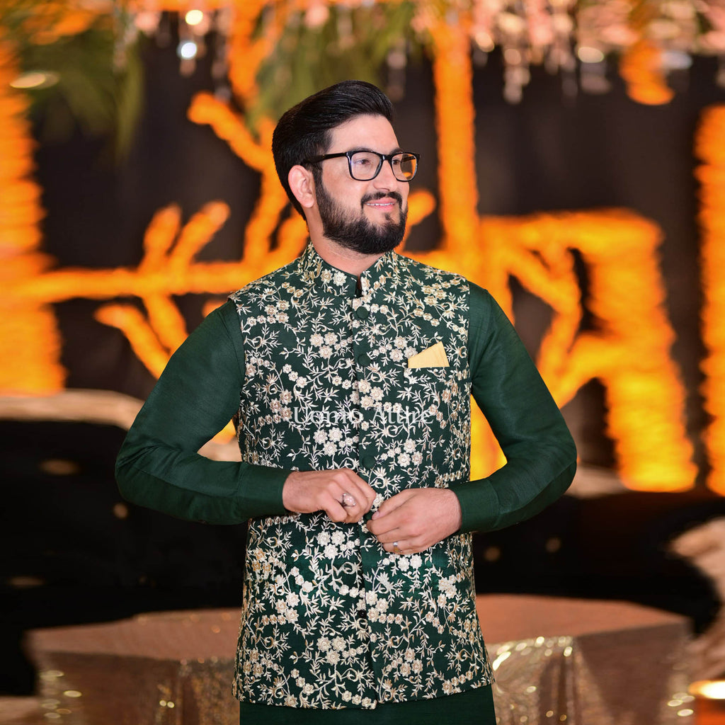 Designer Mehndi Waistcoat with Golden Embroidery & Premium Raw Silk Kurta Pajama