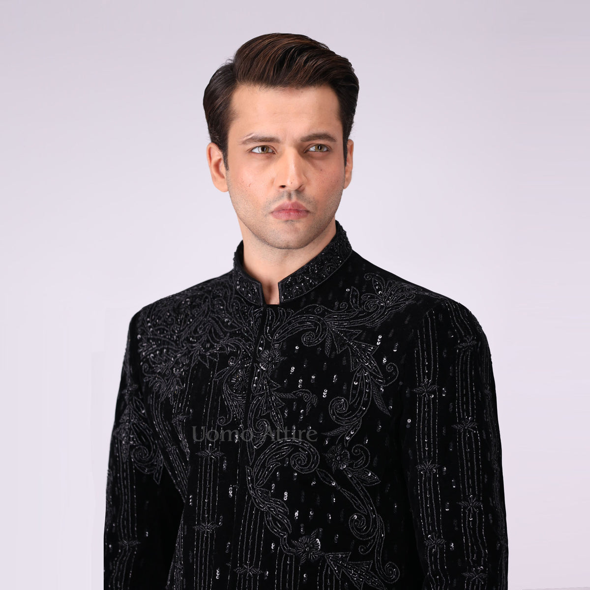 Opulent Black Velvet Prince Two Piece Suit With Intricate Embellishments