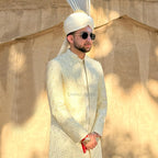 Off-White Sequin Thread Embroidered Sherwani with Sherwani-Style Kurta
