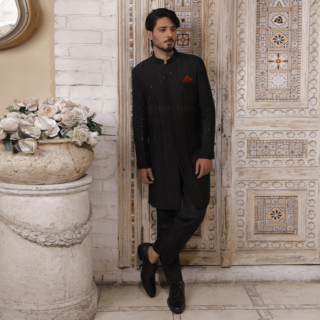 Luxurious Jet Black Embroidered Sherwani for Groom