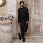 Luxurious Jet Black Embroidered Sherwani for Groom