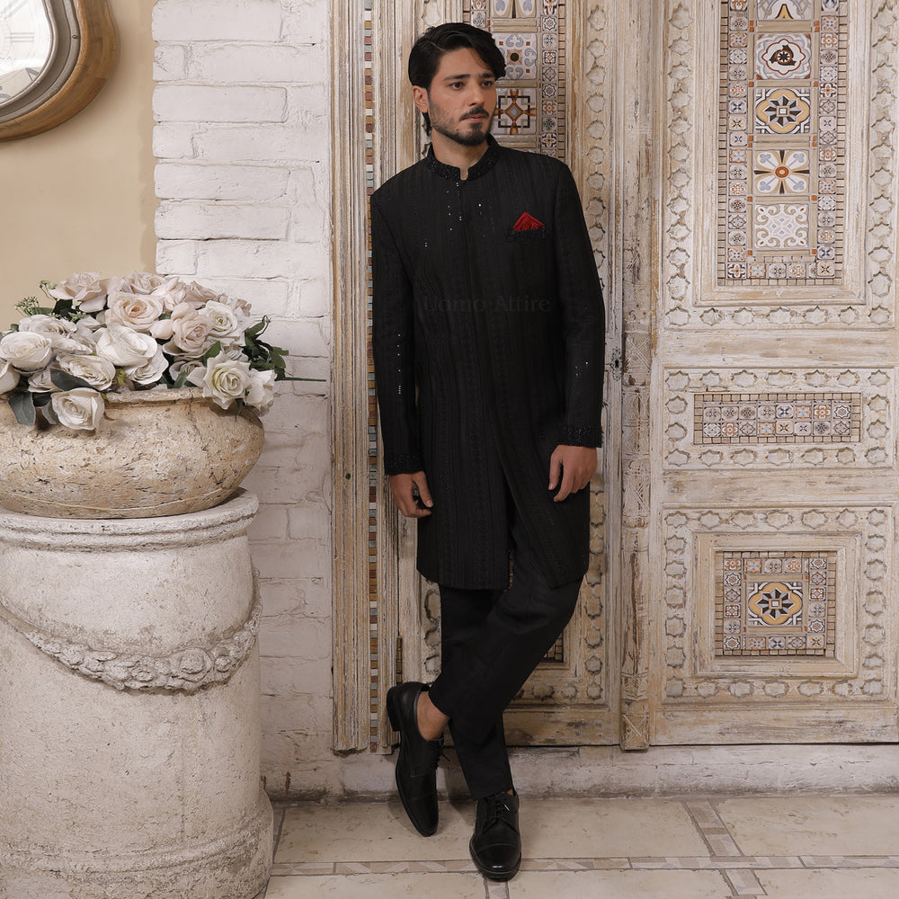 
                  
                    Luxurious Jet Black Embroidered Sherwani for Groom
                  
                