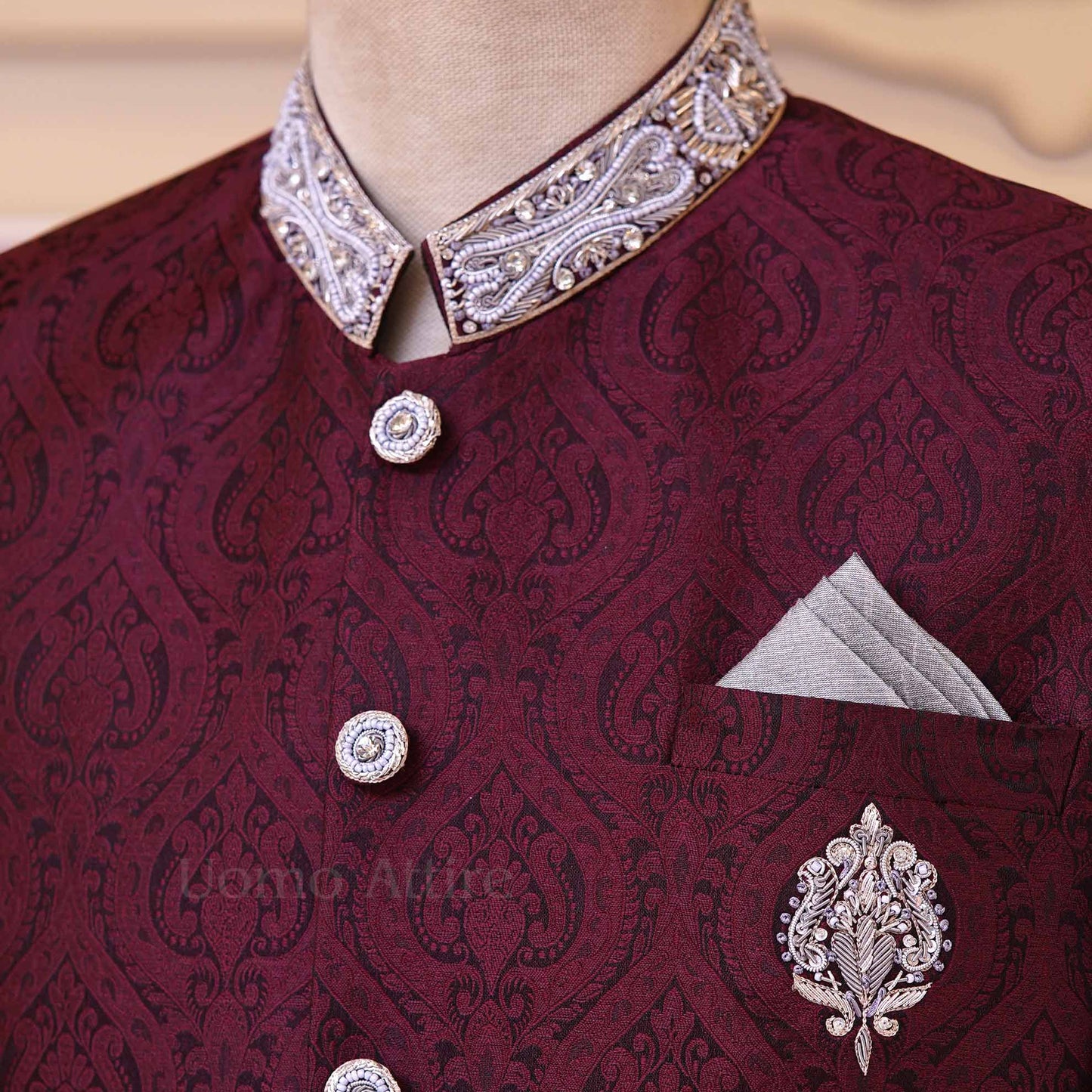 
                  
                    Dark Maroon Prince Coat with Silver Embellishments
                  
                