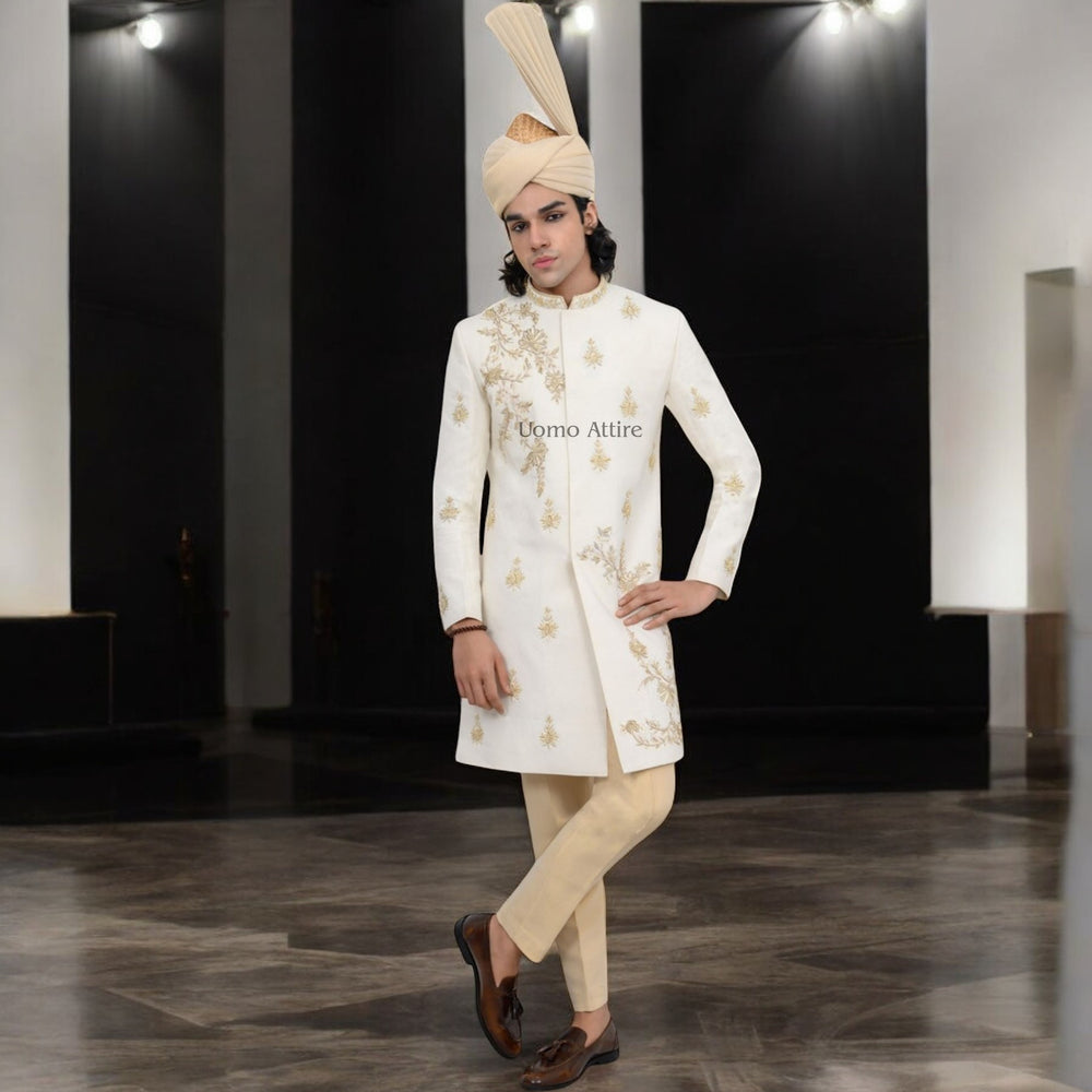 Elegant Pure Krandi Soft Fabric Sherwani with Floral Embellishments and Matching Turban