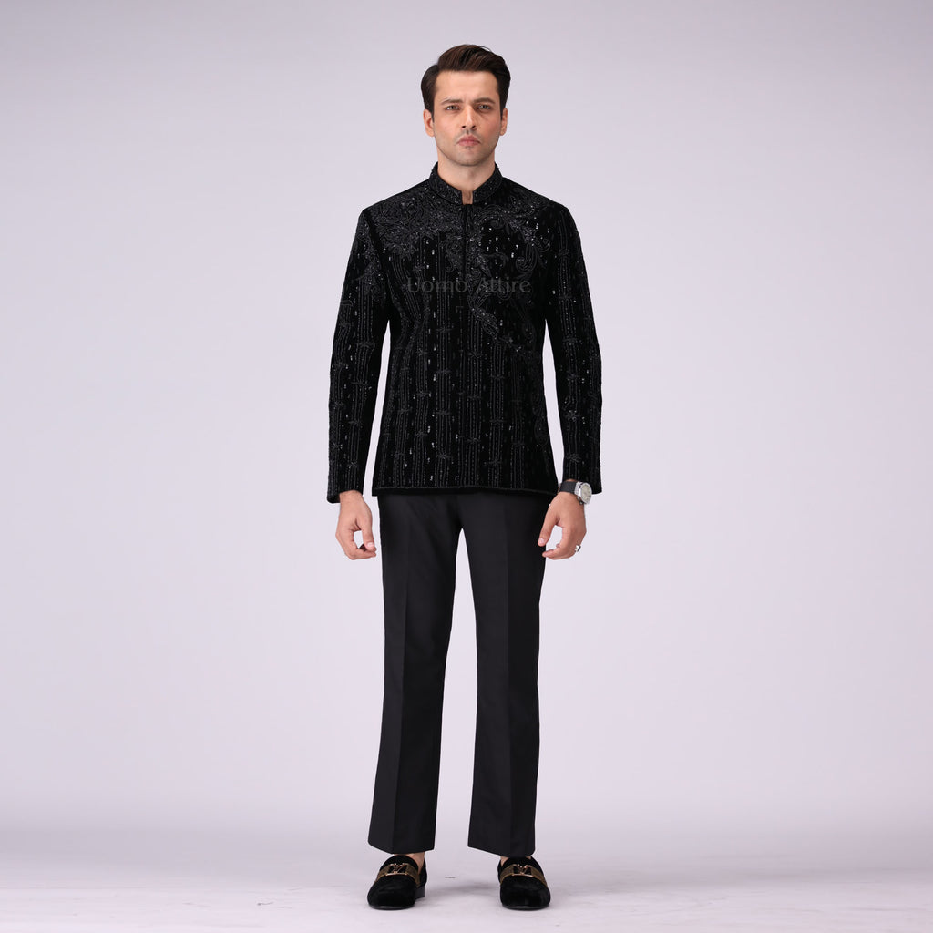 Opulent Black Velvet Prince Two Piece Suit With Intricate Embellishments