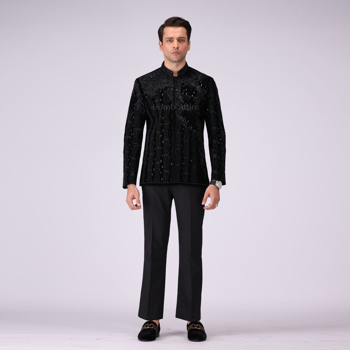 Opulent Black Velvet Prince Two Piece Suit With Intricate Embellishments