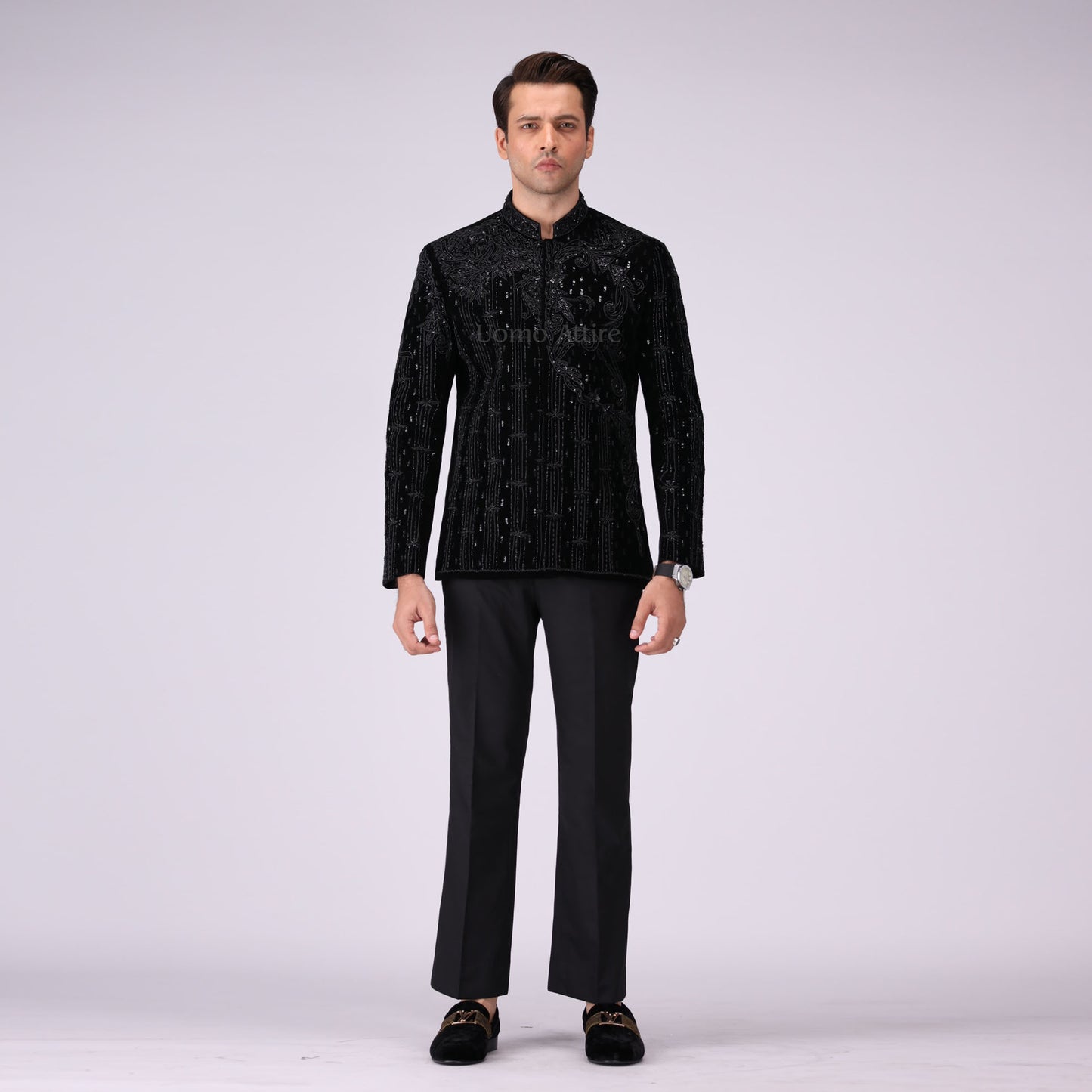 
                  
                    Opulent Black Velvet Prince Two Piece Suit With Intricate Embellishments
                  
                